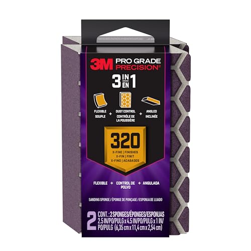 3M Pro Grade Precision 3-in-1 Sanding Sponge, 320 Grit X-Fine, 2 Sponges, Washable & Reusable, for Wood, Metal, Drywall, and Paint Finishing – Flexible Foam, Contoured, Angled, Flat - size: 2.5 in x 4.5 in x 1 in - 2 Sponges, style: 320 Grit X-Fine