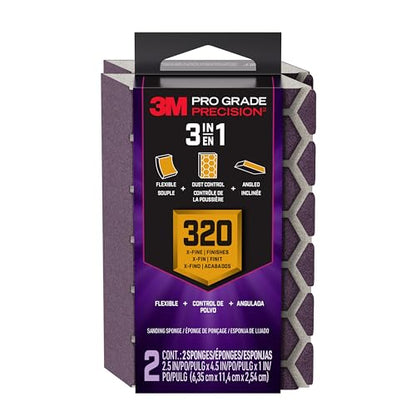 3M Pro Grade Precision 3-in-1 Sanding Sponge, 320 Grit X-Fine, 2 Sponges, Washable & Reusable, for Wood, Metal, Drywall, and Paint Finishing – Flexible Foam, Contoured, Angled, Flat - size: 2.5 in x 4.5 in x 1 in - 2 Sponges, style: 320 Grit X-Fine