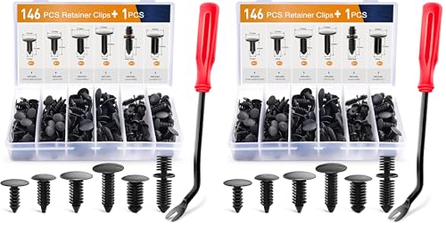 GOOACC 146PCS Nylon Bumper Shield Retainer & Double End Xmas Tree Retainers Clips Universal Auto Body Shield Retainer Fastener Clip Assortment- Bonus Fastener Remover,(Pack of 2) - size: 146Pcs Clips + Remover (Pack of 2)