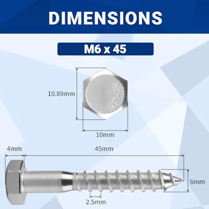 20-Sets M6 x 45mm Hex Head Lag Screws Bolts with Flat Washers, 304 Stainless Steel (18/8), Partial Thread, Heavy Duty Hex Head Lag Deck/Wood Screws - size: M6 x 45mm