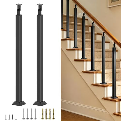 Black Metal Stair Railing Post, Side/Front Mount Baluster Spindles with 270° Adjustable Bracket, Perfect for Indoor Stairs, Deck, Porch and Balcony Railing, Front, 35.4inch, 2 Pack - size: Front-35.43 inch