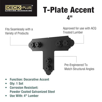 Deck Plus Laredo Sunset T Plate Connector Kit, 4in, 1 Pack, Black