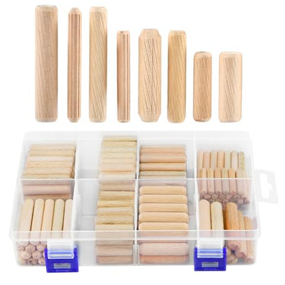 240Pcs Wood Dowels Kit 1/4 3/8 5/16 Inch Dowel Rods Pins with Tapered End with Bevel Angle Groove Wood Pegs for Repair Replacement Furniture Woodworking DIY Crafts