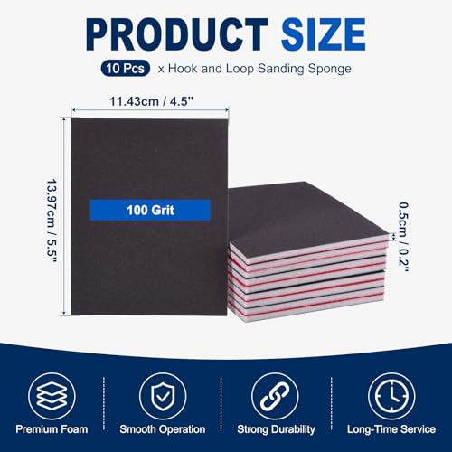 10Pcs 100Grit Sanding Sponges, 5.5x4.5In Hook & Loop Black - size: 100 Grit