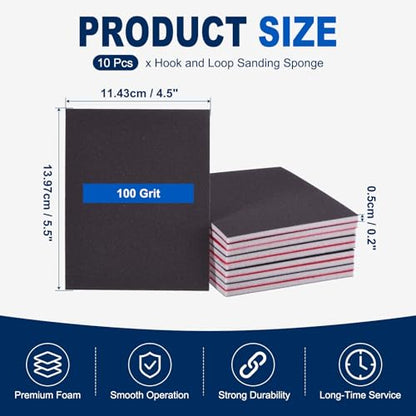 10Pcs 100Grit Sanding Sponges, 5.5x4.5In Hook & Loop Black - size: 100 Grit