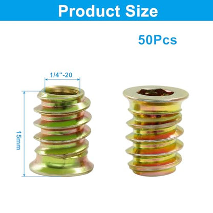50 Pcs Threaded Inserts for Wood, 1/4"-20 x 15mm - size: 1/4"-20 x 15mm