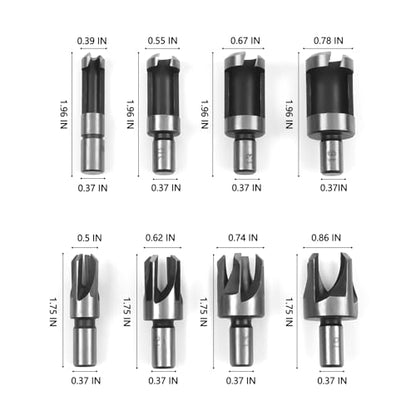 Wood Plug Cutter Drill Bit Set, 8 Pack Straight and Tapered Plug Cutters for DIY Woodworking Projects, 4 Sizes Hex Shank, Black