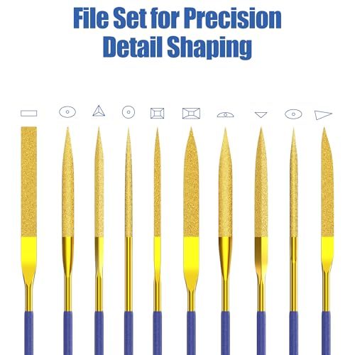 HUHAO 10-Piece Mini Diamond Needle File Set 4x160mm Small Metal Riffler Files Jewelers File Precision Hand Tools for Metal Glass Wood Stone Jewelry - Round Triangular Square Flat Shape - color: Gold, size: 4*160