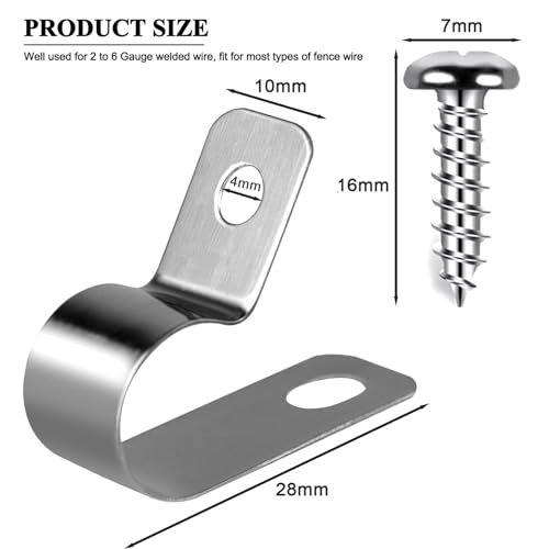 100 Pcs Fence Wire Clamps Stainless Steel Fencing Mounting Clips with 100 Pcs Stainless Steel Screws for 2-6 Gauge Welded Wire to Wood, Metal or Vinyl Fence (100pcs(2-6 Gauge))
