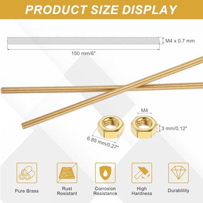 uxcell Brass Fully Threaded Rod, M4x0.7mm Pitch Right Hand Threads Studs with Solid Brass Hex Nuts, 150mm/6 Long Threaded Screw Rods Fasteners for Anchors Bolts Hangers Clamps - size: M4x0.7mmmm150mm