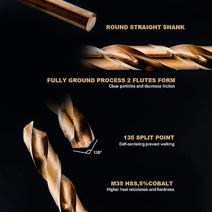 HIDOTOL 13 PCS Cobalt Drill Bit Set M35 HSS Twist Drill Bits 1/16"-1/4" for Hardened Metal, Stainless Steel, Cast Iron, Plastic and Wood - size: Cobalt 13 PCS