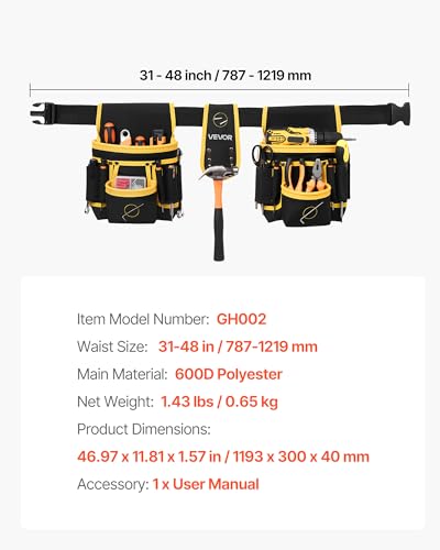 VEVOR Tool Belt, Magnetic Tool Pouch for Men, 28 Pockets Heavy Duty Adjustable Utility Belt Detachable Work Bag for Electrician, Carpenter, Construction, Work Apron Organizer, Waist Adjust 31 to 48in - size: 28 Pockets
