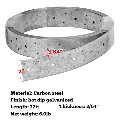 GBGS 32ft Galvanized Perforated Strap Tie Brace,2" Width Steel Coiled Strapping,20 Gauge (Pack of 2) - size: Width:2"(50.8 mm) (Pack of 2)