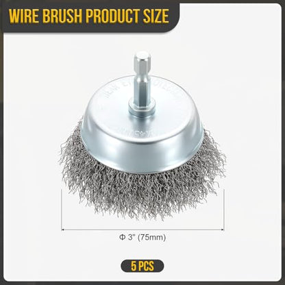 DTGN 5 Pcs 3 Inch Wire Wheel Cup Brush for Drill, 1/4 Inch Hex Shank - size: 3 inch