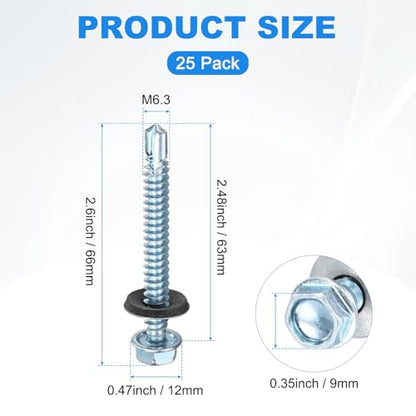 M METERXITY 25-Pack Self Drilling Screws with Rubber Washer #14 x 2-1/2" Zinc Plated Carbon Steel Hex Head Self-Tapping Screws for Metal Roofing/Siding Panels/Steel Structures [ 63mm Length] - size: M6.3 x 63mm