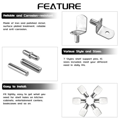 WMYCONGCONG 150 PCS Shelf Bracket Pegs Kit, 7 Styles Shelf Pins Shelf Support Pegs Cabinet Shelf Holders Pegs for Shelves Book Shelf Closet Metal Nickel Plated