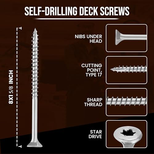 #8 x 1 5/8’’ Stainless Steel Wood Screws by Grindy (200pack/1.1LBS) – Self-Drilling Deck Screws I Rust Resistant I Quick Drive & Fast Grip I for Cabinet, Furniture & Other Projects I Bit Included - color: Stainless Steel, size: #8 x 1-5/8"