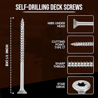 #8 x 1 5/8’’ Stainless Steel Wood Screws by Grindy (200pack/1.1LBS) – Self-Drilling Deck Screws I Rust Resistant I Quick Drive & Fast Grip I for Cabinet, Furniture & Other Projects I Bit Included - color: Stainless Steel, size: #8 x 1-5/8"