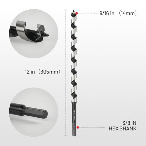 ZKH Auger Drill Bit for Wood, 9/16 x 12 Inch Long Drill Bit with 3/8" Hex Shank, High Carbon Steel Wood Drill Bit with Self-Positioning Tip, Smooth Drilling for Soft and Hardwood, Plastic, Drywall