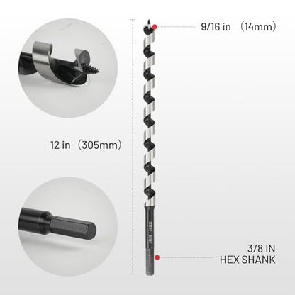 ZKH Auger Drill Bit for Wood, 9/16 x 12 Inch Long Drill Bit with 3/8" Hex Shank, High Carbon Steel Wood Drill Bit with Self-Positioning Tip, Smooth Drilling for Soft and Hardwood, Plastic, Drywall