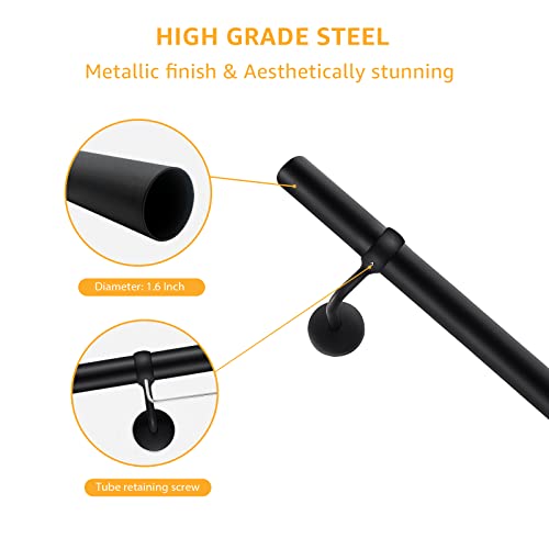 ROTHLEY 9.8 FT ADA Industrial Handrails for Indoor Stairs: Metal Staircase Handrails Wall Mount Stair Handrail 1.6" Sturdy Pipe Hand Railings for Steps Matt Black Powder Coat Stairway Railing - size: 9.8FT