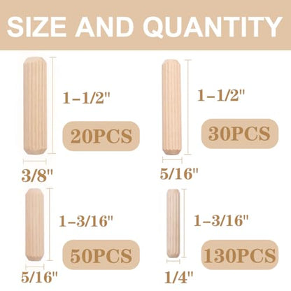 smseace 230Pcs Wooden Dowel Pins 1/4inch 5/16inch 3/8inch, Fluted Wood Dowels Rods for Crafts, Furniture, DIY Manual - size: 230Pcs - 4 Sizes