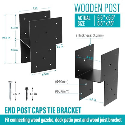2 Pack 6x6 Heavy Duty End Post Cap Tie Bracket for Gazebo, Deck - size: End 6"x6"(Actual 5.5"x5.5")