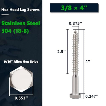 8-Sets 3/8 x 4 Hex Head Lag Screws & Flat Washers, Heavy Duty Lag Wood Screws, 304 Stainless Steel (18-8), 3/8" Bolt - size: 3/8 x 4