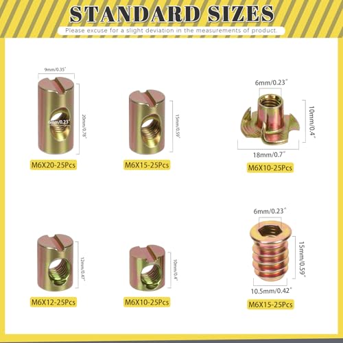 150PCS M6 x 10/12/15/20mm Barrel Nuts, Yellow Zinc-Plated Carbon Steel Cross Dowels Slotted Barrel Nut, M6 x 15mm Threaded Inserts with M6 x 10mm T-Nuts Kit, for Wood Furniture Screw