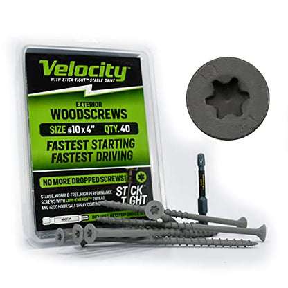 Velocity Exterior 4 Inch Wood Screws DIY Pack (Size #10) Fence Screws for Wood, Stick Tight Technology, Made with Carbon Steel, Includes 1 Hexstix Drive Bit (40 Pieces) - size: #10 x 4", style: Small Pack