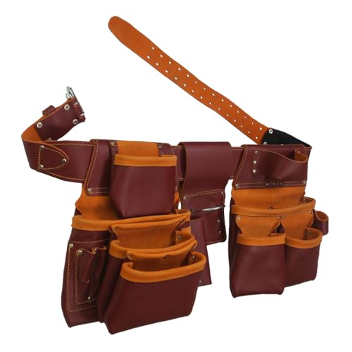 Heavy Duty Leather Tool Belt for Carpenters, Framers, Electricians, with Multiple Pouches and Pockets