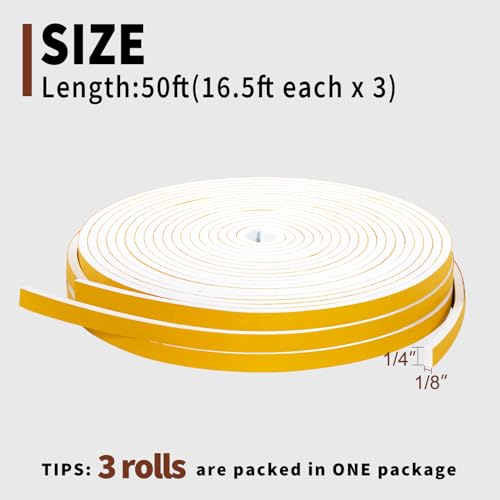 Yotache White Doors Windows Weather Stripping 1/4" x1/8", Total 50 Ft - size: 1/4"x1/8"x 50FT