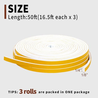 Yotache White Doors Windows Weather Stripping 1/4" x1/8", Total 50 Ft - size: 1/4"x1/8"x 50FT