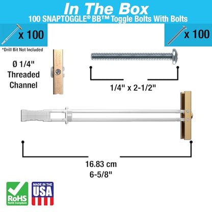 TOGGLER SNAPTOGGLE Drywall Anchors with 1/4-20 x 2.5 in Bolts, 100 Pack - size: 100 Pack w/ Bolts