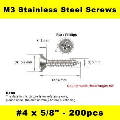 #4 x 5/8" 304 Stainless Steel Cabinet Hinge Screws, M3x16mm(200Pcs) - size: #4 x 5/8''-200pcs