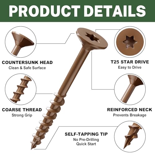 LIONMAX Wood Screws 1-1/2 Inch, Deck Screws #8 x 1-1/2", 300 PCS, Brown - color: Brown, size: #8 x 1-1/2"