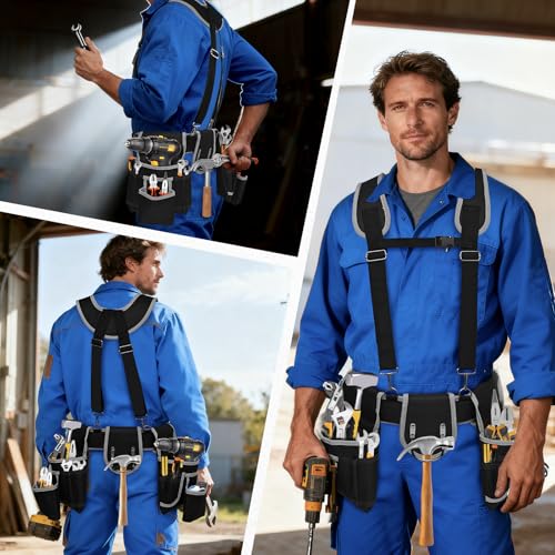 Tool belts for men - multi-functional detachable adjustable tool belt with shoulder strap magnetic wristband set, suitable for electricians and carpenters。 (black and gray) - color: Black and Gray