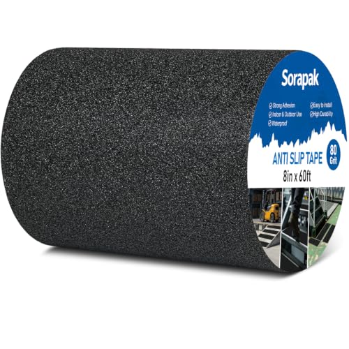 8" x 60 Ft Black Anti Slip Tape, 80 Grit Non Skid Grip for Stairs - size: 8'' x 60FT