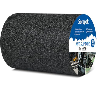 8" x 60 Ft Black Anti Slip Tape, 80 Grit Non Skid Grip for Stairs - size: 8'' x 60FT