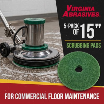 Green Floor Maintenance Pads, Deep Cleaning & Light Stripping, 15" - 5 Pack - size: 15 inch