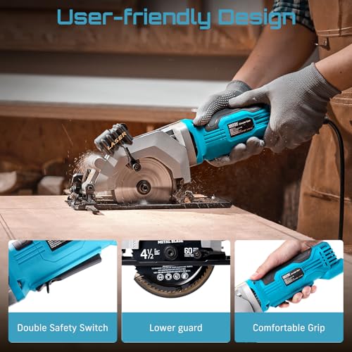 SEESII Mini Circular Saw, 4.8A 4000RPM Corded Compact 4-1/2" Saw with Laser