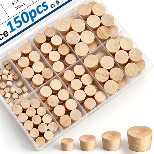 smseace 150Pcs 4-Sizes Wood Plugs 3/16" 5/16"，3/8"，1/2" Wooden Hole Plugs - style: Round Wood Plugs