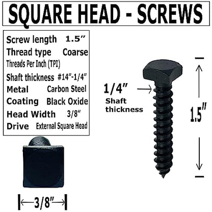 ¼” x 1.5” - Rustic Square Head Lag Wood Screws – Decorative Antique Black Square Drive Lag Bolts – Black Oxide Coating - ¼ in x 1 ½ in - for Hinges, Cabinets & Doors (10, Screws)