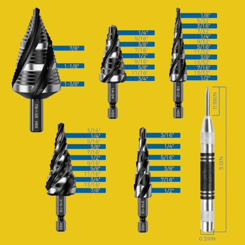 5PCS Four Spiral Flute Step Drill Bit Set&Heavy Duty Automatic Center Punch - size: 6 Pieces