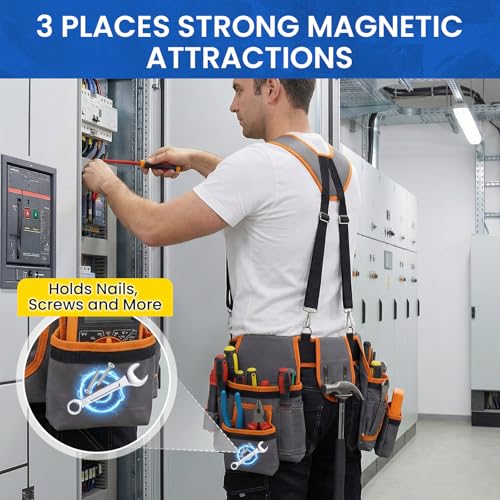 Tool Belt with Suspenders, 18-Pocket Combo Harness System with Magnetic Pouches, Heavy Duty Detachable Utility Bags Adjustable 32"-66" Waist for Electricians, Carpenters, Framers (Orange-Grey) - color: Orange-grey