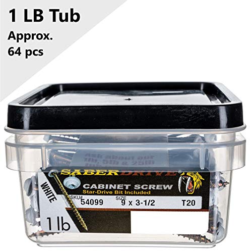 #9 x 3-1/2" Saberdrive White Cabinet Screws 1 LB, Approx. 64 Pieces, Durable Wood Screws, Serrated Thread for Secure Fastening, Avoid Cam Out - color: White, size: 1 Lb Tub|#9 x 3-1/2"