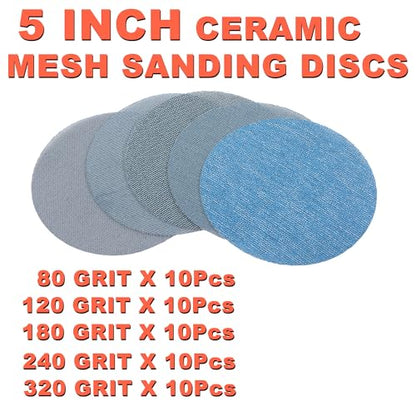 5 Inch Mesh Sanding Discs Assortment: 50Pcs Premium Ceramic Net Sanding Disc 80 120 180 240 320 Assorted Grit, Dustless Hook & Loop Sandpaper for 8 Hole Orbital Sander, Automotive/Wood Polishing