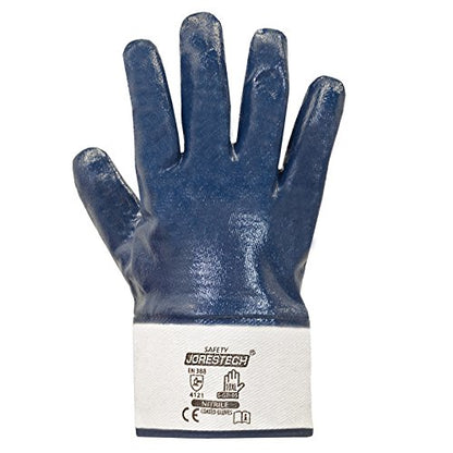 JORESTECH Safety Work Gloves, Blue Cotton Jersey with Full Nitrile Coating, EN 388 4111X, Chemical-Resistant, Heavy Duty - size: Large (Pack of 12)