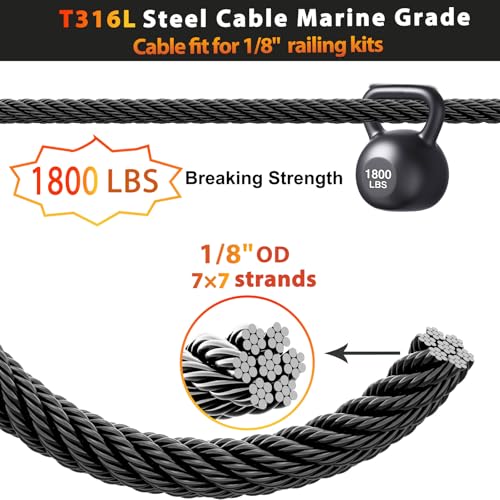 Black Stainless Steel Cable for Railing 1000FT, 1/8" T316 Wire Rope BW22 - size: 1000FT