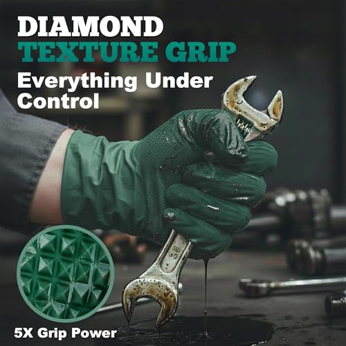 TitanFlex Heavy Duty Industrial Nitrile Gloves with Raised Diamond Texture, 8-mil, Latex Free (Green/Dark Green/Yellow) - color: 04 Dark Green (50ct), size: Medium
